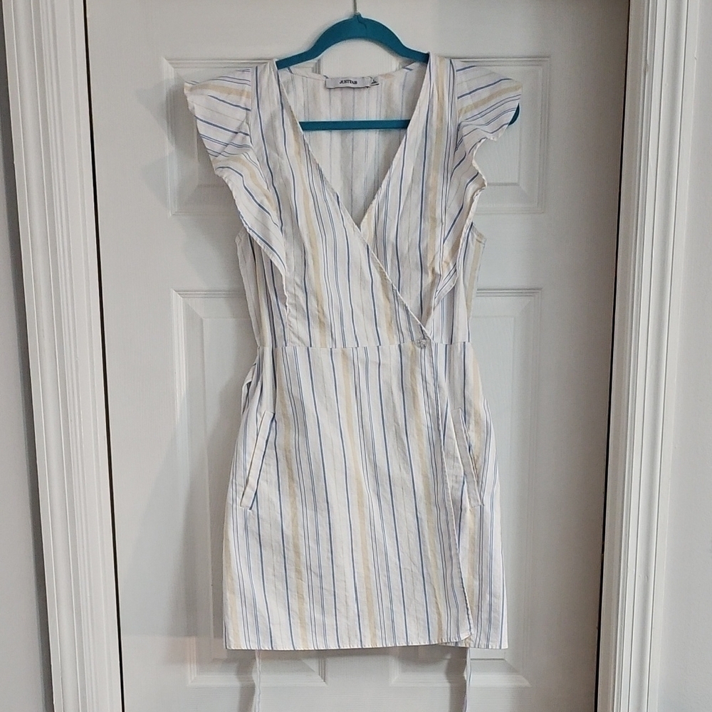 JustFab White and Blue Ruffled Sheath Dress - Picture 2 of 9
